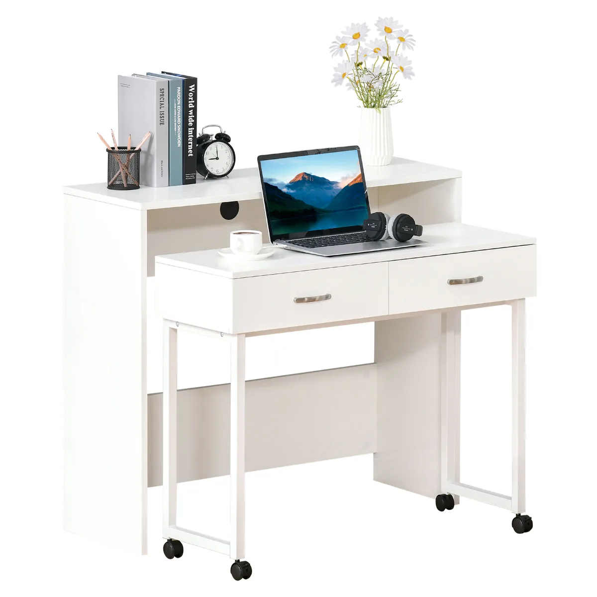 Birou Dublu HOMCOM Ergonomic Separabil cu Role Rafturi Interioare 100x36x88 cm Alb