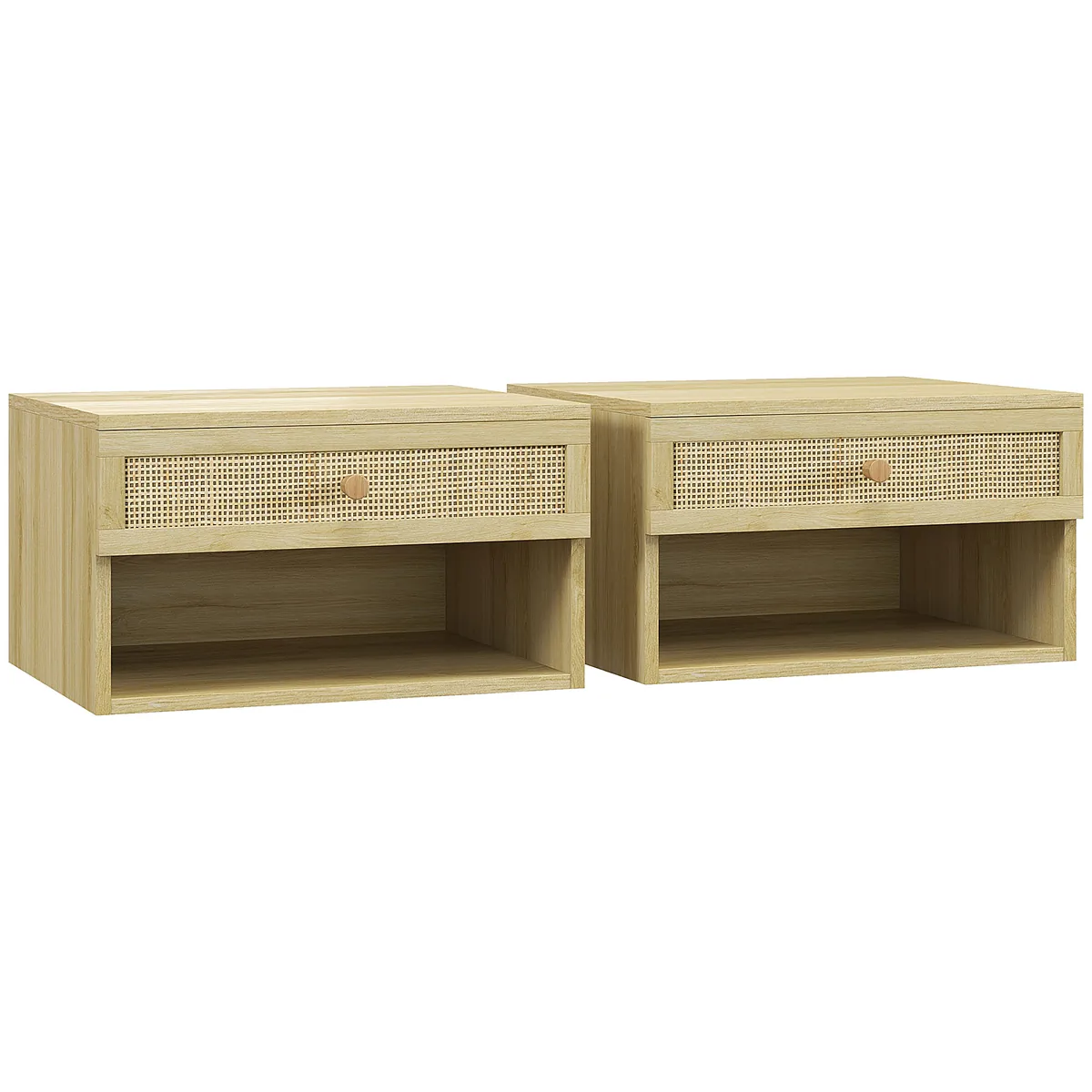Noptiere HOMCOM Set 2 Plutitoare cu Sertar Ratan si Raft Deschis Lemn Natural