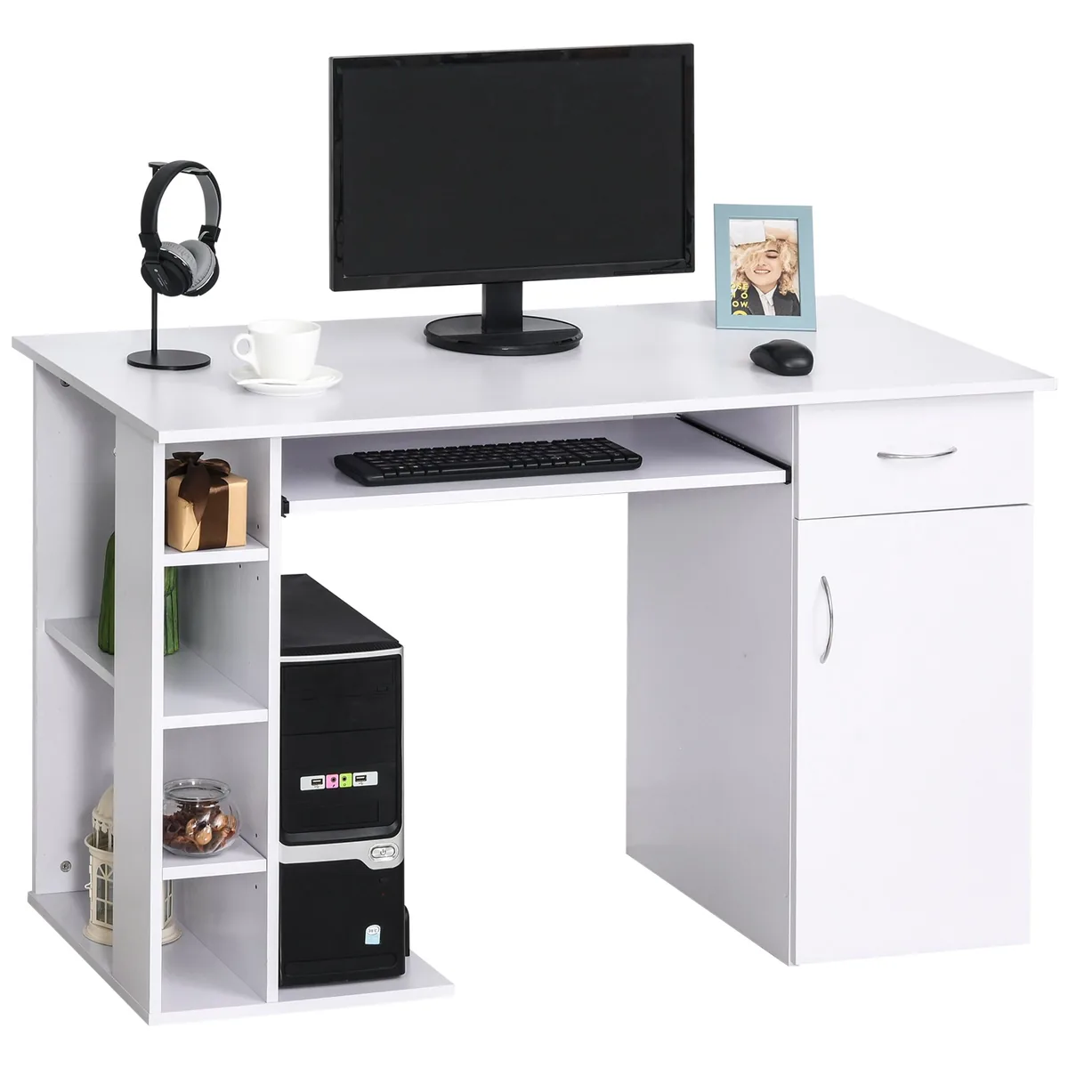 Birou HOMCOM 120x60x74cm Alb Ergonomic Rafturi Dulap Sertar Tastatura Extensibil