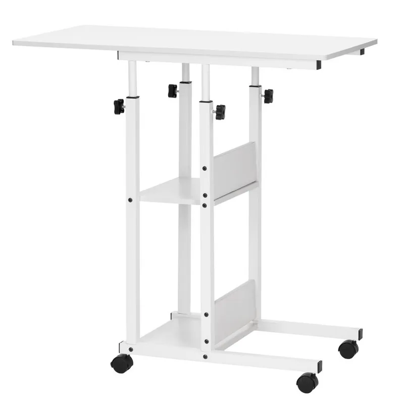 Birou Brius Alb 80x40cm cu Rafturi si Roti Inaltime Reglabila