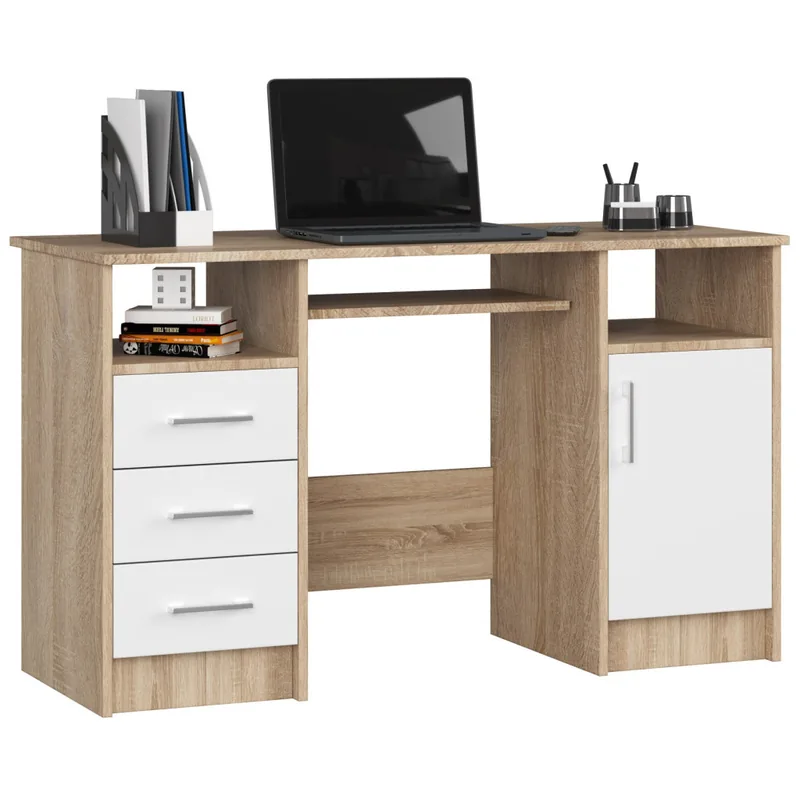 Birou Brius ANA 124x52x74cm 3 Sertare 1 Dulap Stejar Sonoma Alb