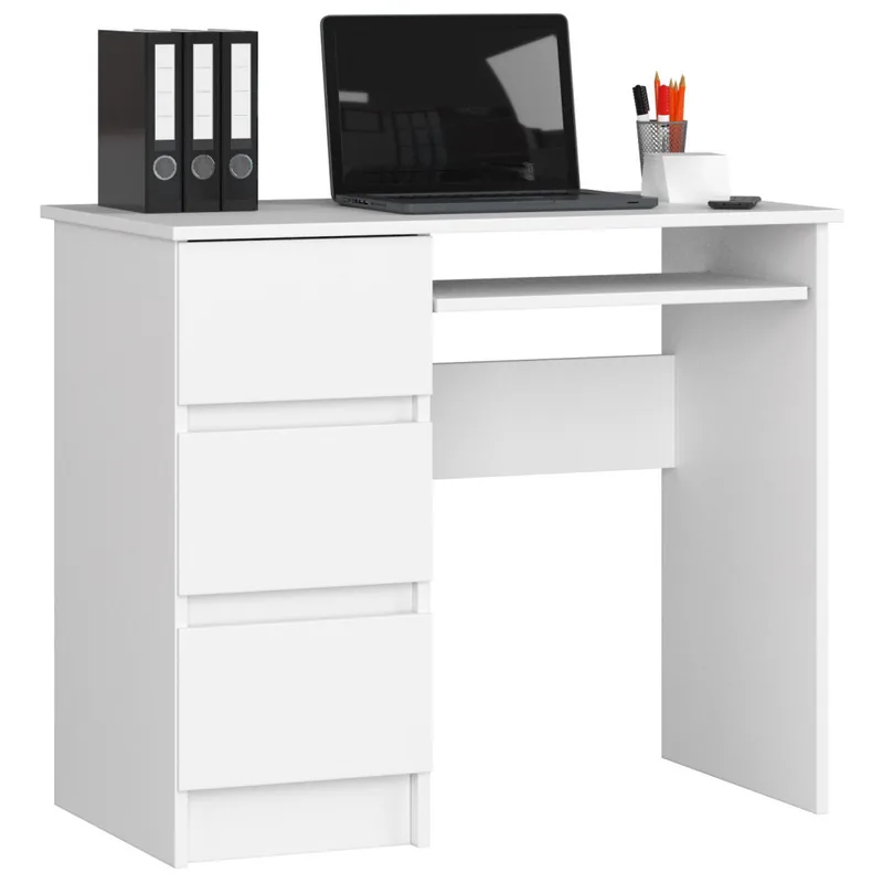 Birou Computer Brius A-6 90x50x77cm Alb 3 Sertare Raft Tastatura Stanga