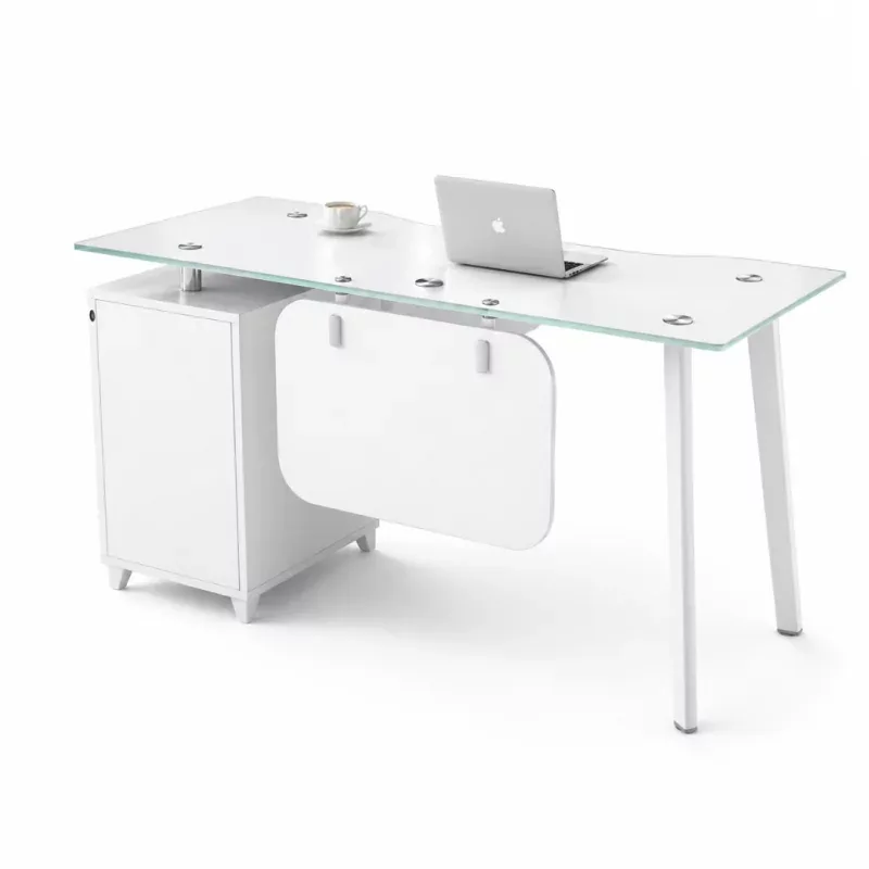 Birou Concept Vision cu Blat din Sticla si Dulap Lateral Fix Alb 1400x700x750mm