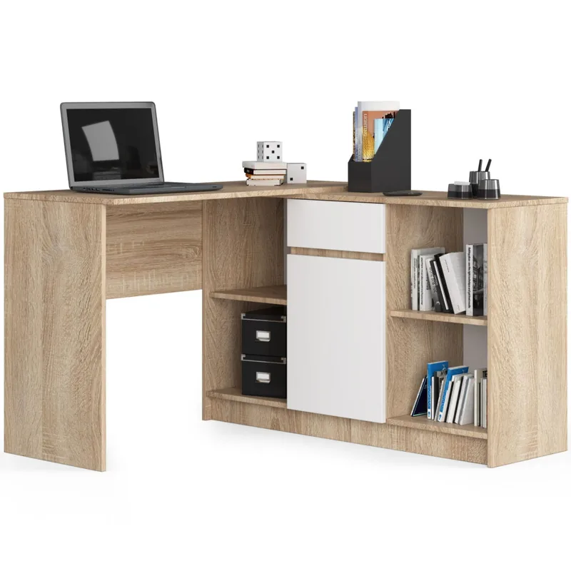 Birou de Colt Brius 120x126x79cm cu Sertar Usa si 6 Rafturi Sonoma Alb