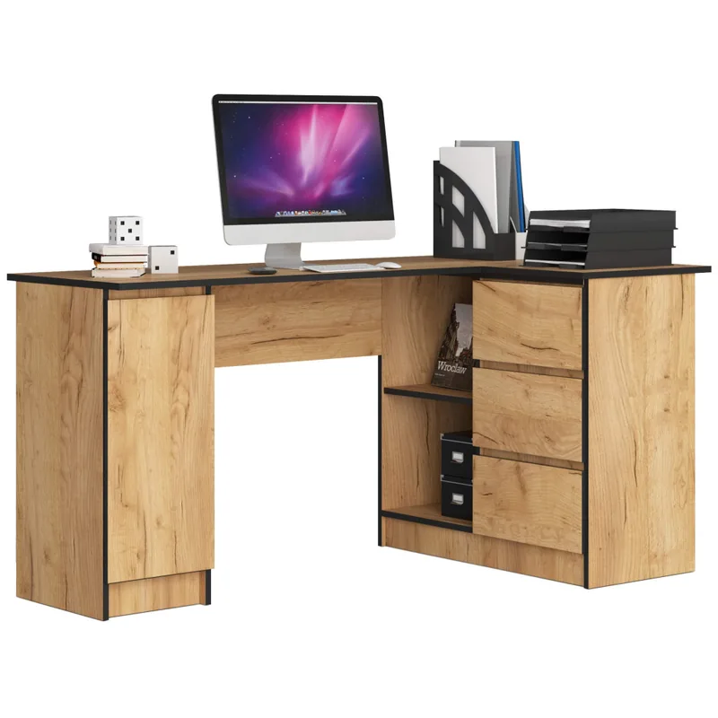 Birou de Colt Brius 155x85x77cm Dreapta 3 Sertare Rafturi Stejar Craft