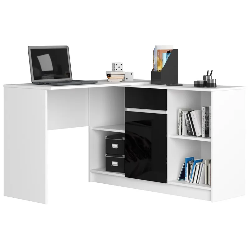 Birou de Colt Brius cu Sertar Usa 6 Rafturi 120x126x79cm Alb Negru Lucios
