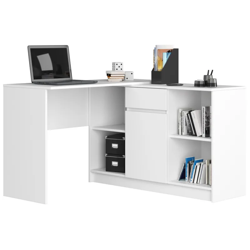 Birou de Colt Brius cu Sertar Usa si 6 Rafturi 120x126x79cm Alb