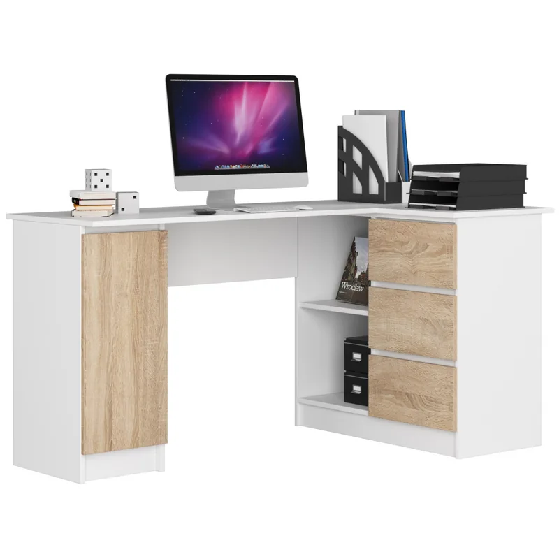 Birou de Colt Brius Dreapta 155x85x77cm 3 Sertare si Rafturi Alb Stejar Sonoma