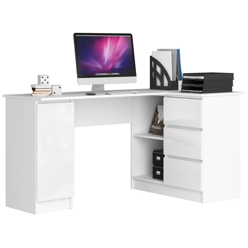 Birou de Colt Brius Dreapta 3 Sertare Rafturi Alb Lucios 155x85x77cm