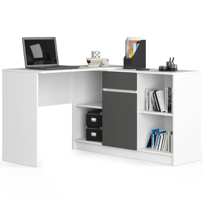 Birou de Colt Brius PAL cu Sertar si Usa si 6 Rafturi 120x126x79cm Alb Gri