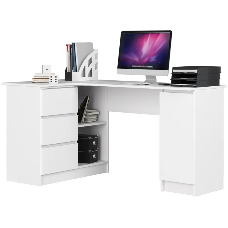 Birou de Colț Brius Stânga 3 Sertare cu Rafturi Alb 155x85x77cm