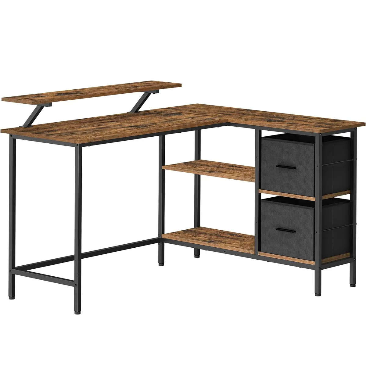 Birou Forma L Brius 2 Sertare 2 Rafturi Suport Monitor 105x135x76cm Maro Rustic