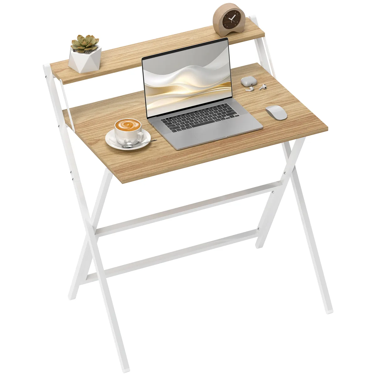 Birou Homcom Pliant Compact cu Suport Monitor Lemn Natural