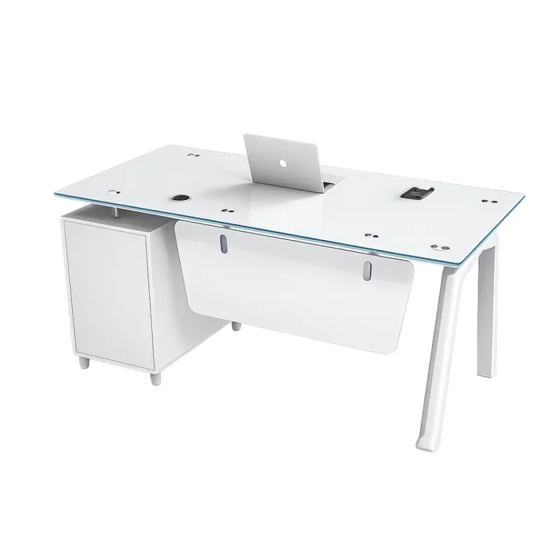 Birou SmartHeater Prime 120x60x75cm Blat de Sticla Dulap Lateral Fix Alb