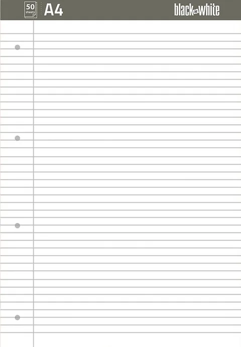 Blocnotes Black&White A4 50 Foi Rânduri Largi cu Perforație