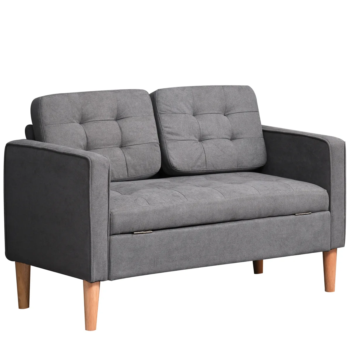 Canapea 2 Locuri Homcom cu Spatiu de Depozitare Picioare din Lemn Aspect Catifelat Gri 117x62x78cm