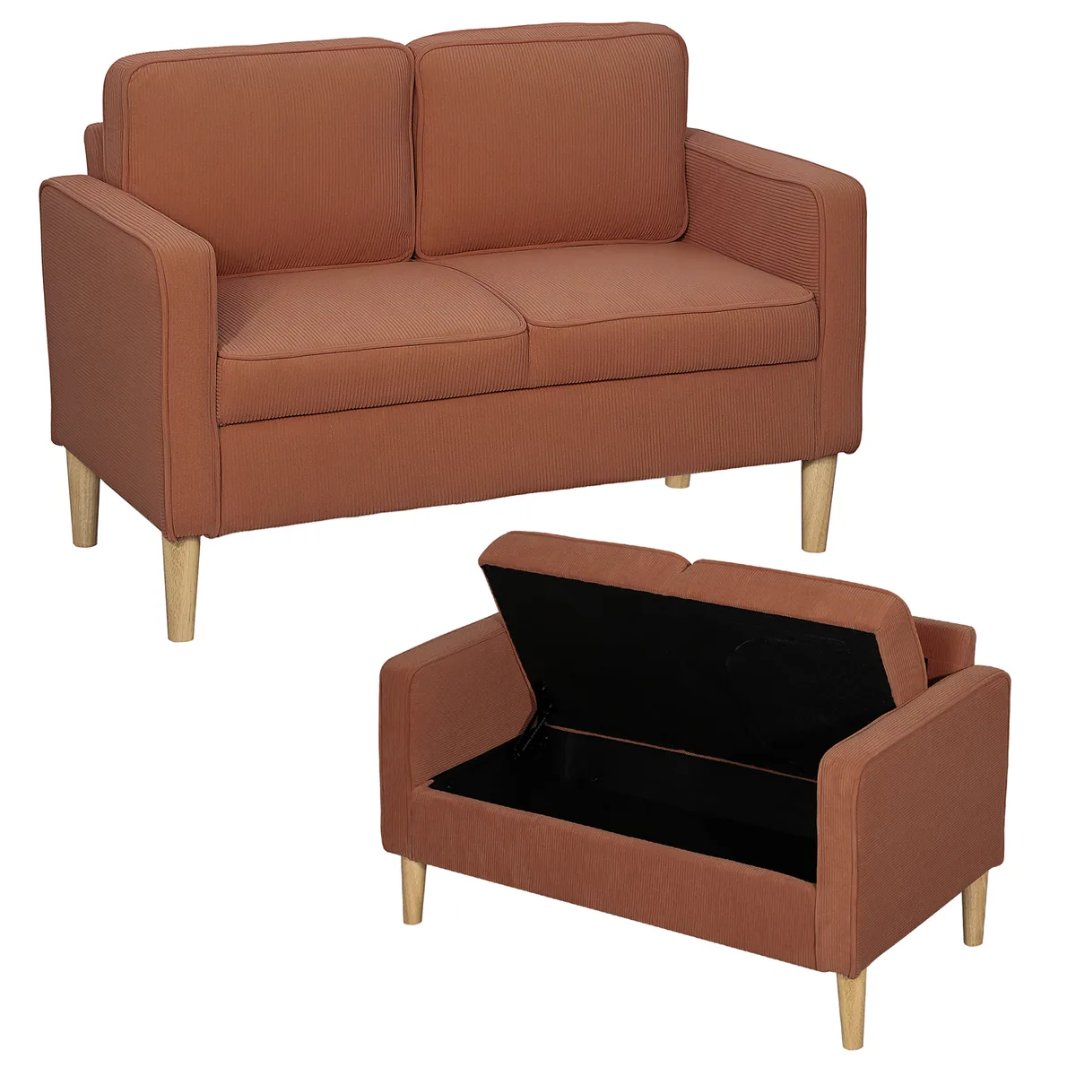 Canapea 2 Locuri HOMCOM cu Spatiu de Depozitare Portocaliu 117x63x79cm