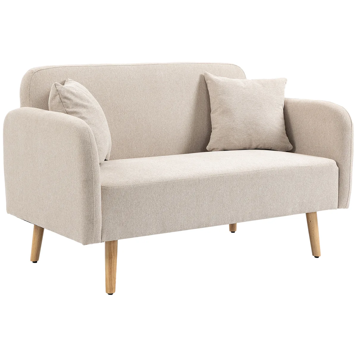 Canapea cu 2 Locuri HOMCOM Design Modern Incl. 2 Perne Picioare din Lemn 130x70x80cm Crem