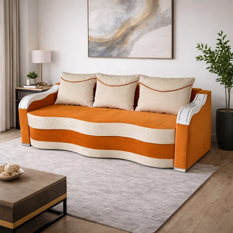 Canapea DIANA Mobila Simalex Extensibila 3 Locuri cu Lada Depozitare Crem Portocaliu 220x100x80