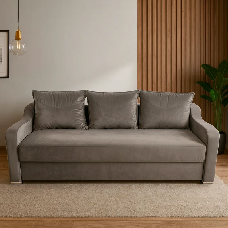 Canapea Extensibila 3 Locuri Mobila Simalex Giulia cu Lada de Depozitare Catifea Maro Cappuccino 220x100x80cm