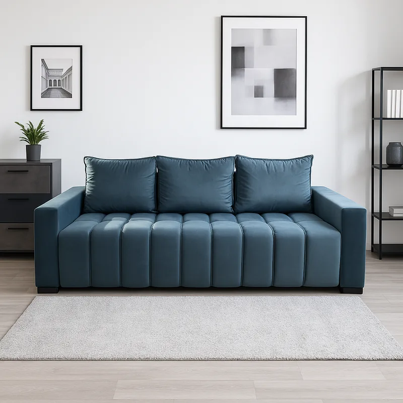 Canapea Extensibila 3 Locuri Mobila Simalex Zara cu Lada de Depozitare 220x95x80 Albastru Deschis Catifea