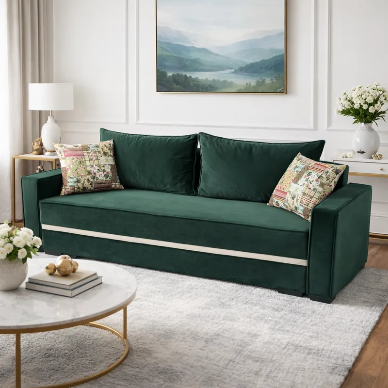 Canapea Extensibila Mobila Simalex Larisa 3 Locuri cu Lada de Depozitare Verde Padure 220x95x85 Catifea