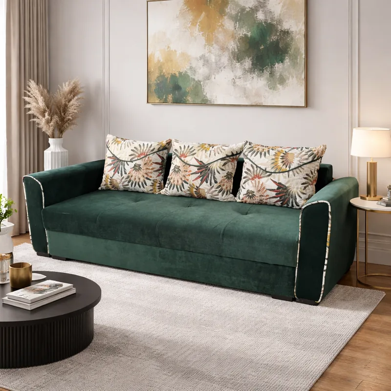 Canapea Lili 3 Locuri Extensibila cu Lada de Depozitare Verde Padure Catifea 220x95x80cm