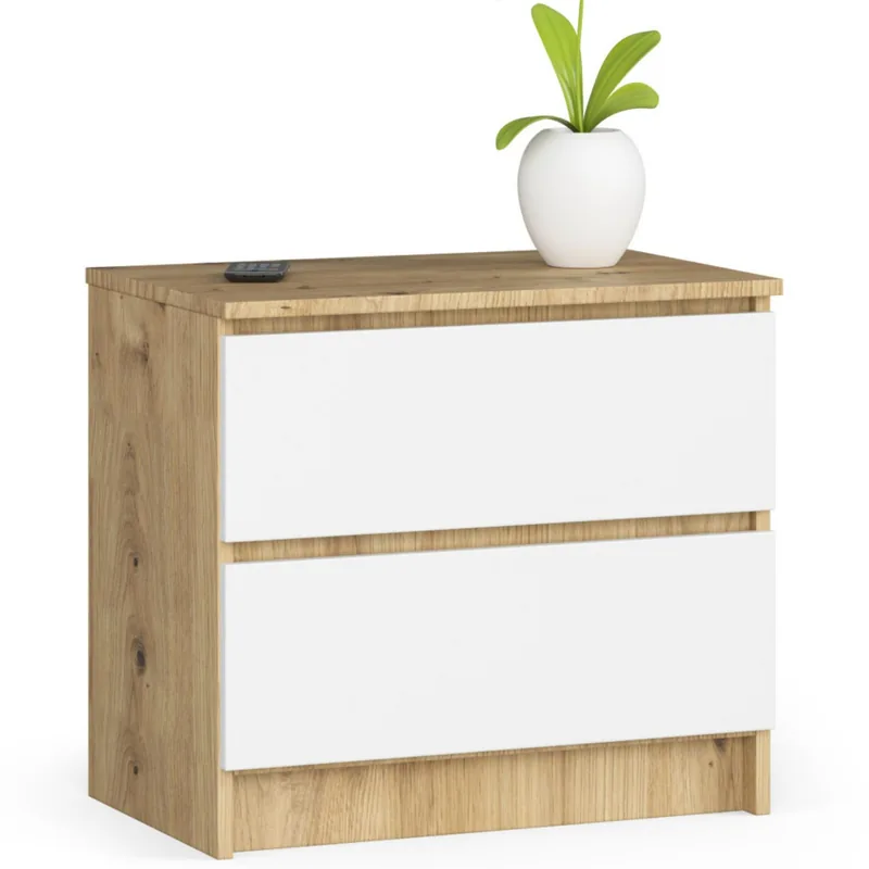 Comoda Brius 2 Sertare PAL Laminat Glisiere Metalice 60x40x55 cm Stejar Artisan Alb