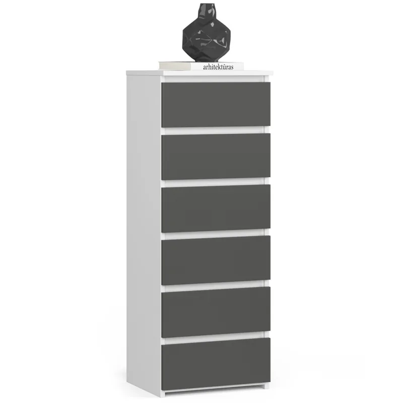 Comoda Brius 6 Sertare Pal Laminat Alb si Gri 40x35x109cm