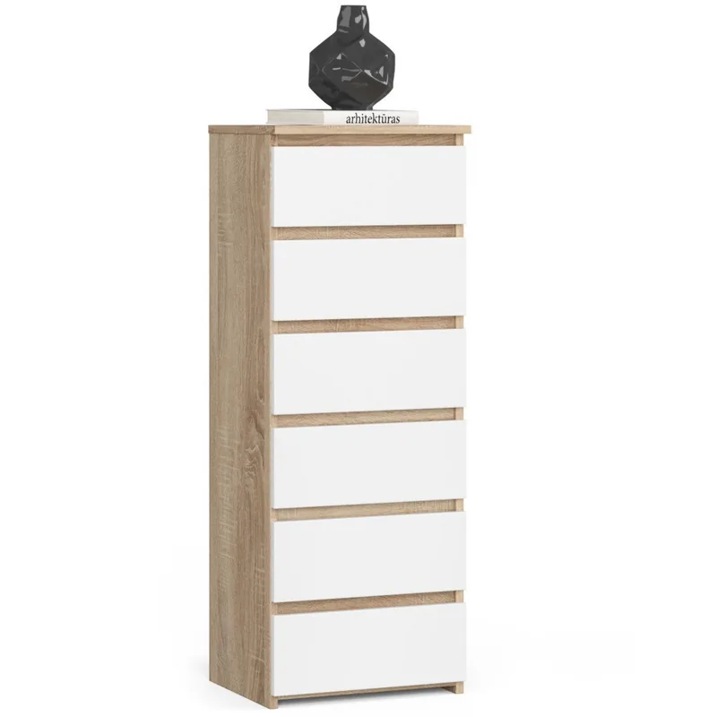 Comoda Brius 6 Sertare Pal Laminat Glisiere Metalice 40x35x109cm Stejar Sonoma Alb