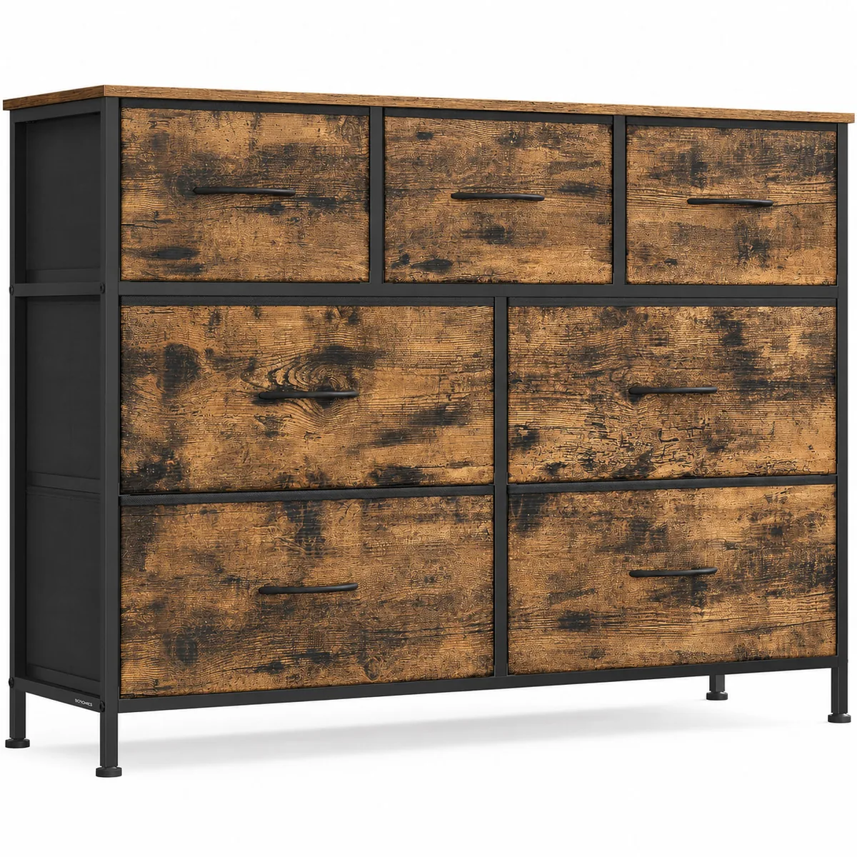 Comoda Brius 7 Sertare Cadru Metalic Blat MDF Sertare Textile 99x30x74cm Maro Rustic