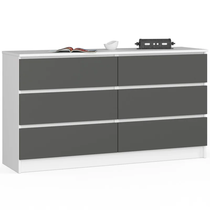 Comoda Brius K140 6 Sertare 138x40x77 cm Alb si Gri