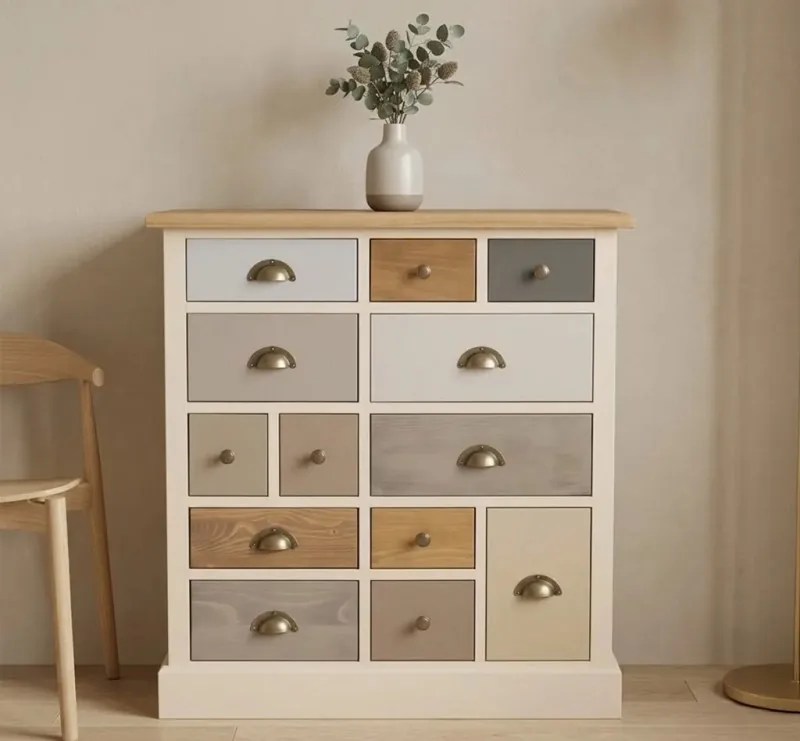 Comoda Studio Szel cu 13 Sertare Blat Stejar Finisaj Dublu Color