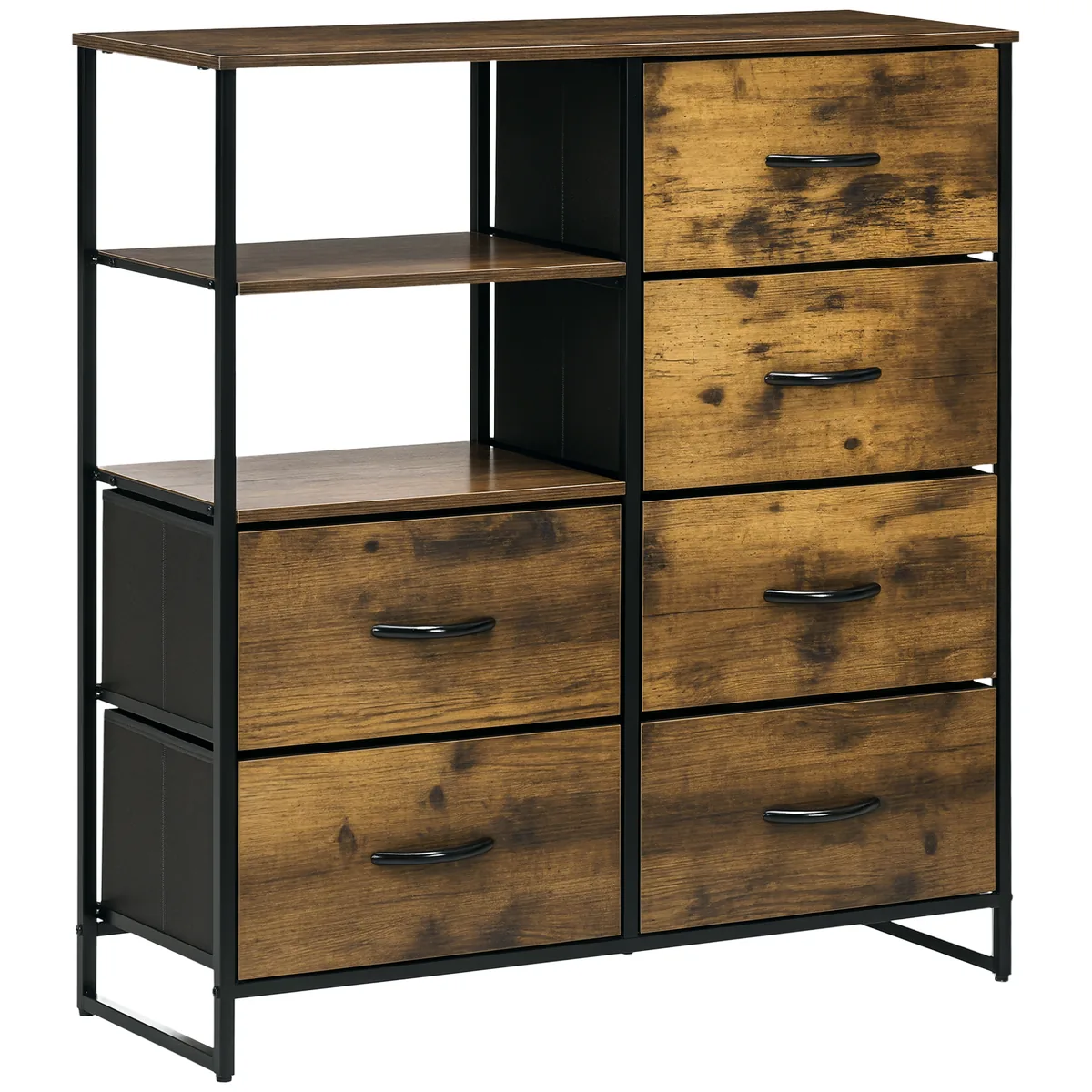 Comoda Pliabila HOMCOM 6 Sertare 2 Rafturi Deschise 84x30x92cm Maro Rustic