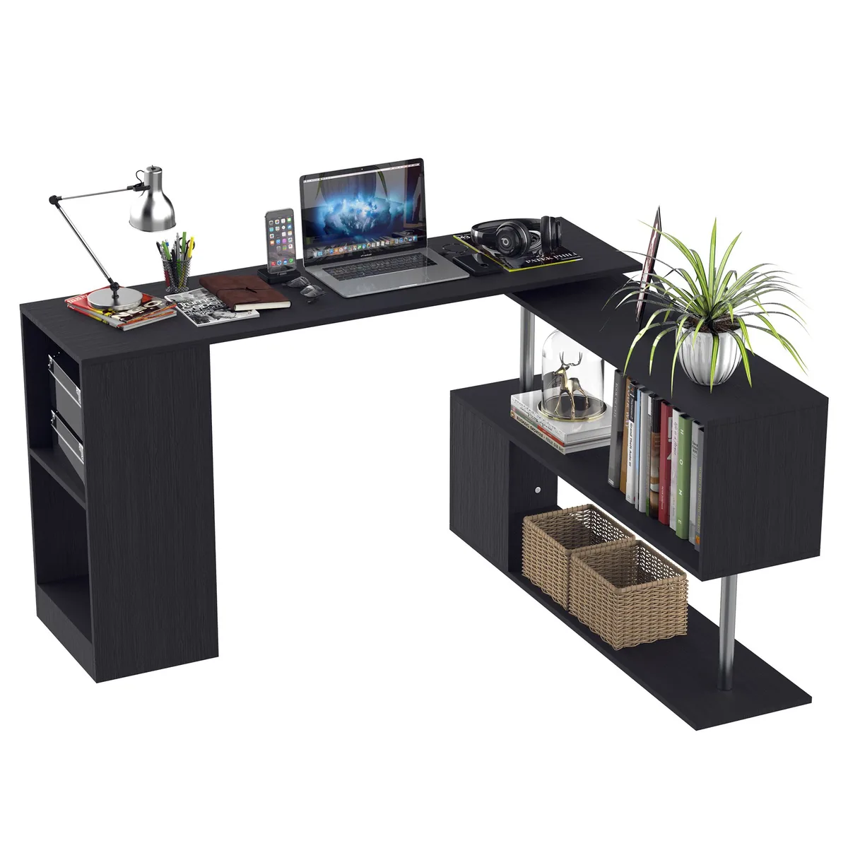 Birou HOMCOM Design L Negru PAL 140x120x78.2cm Rafturi Rotative 360°