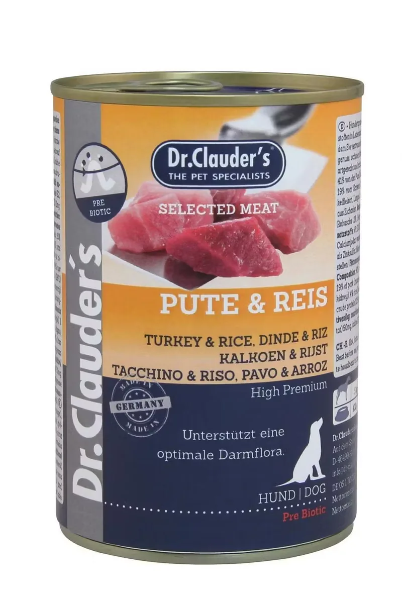 Hrana Umeda pentru Caini Dr. Clauder's Selected Meat Curcan si Orez 400g