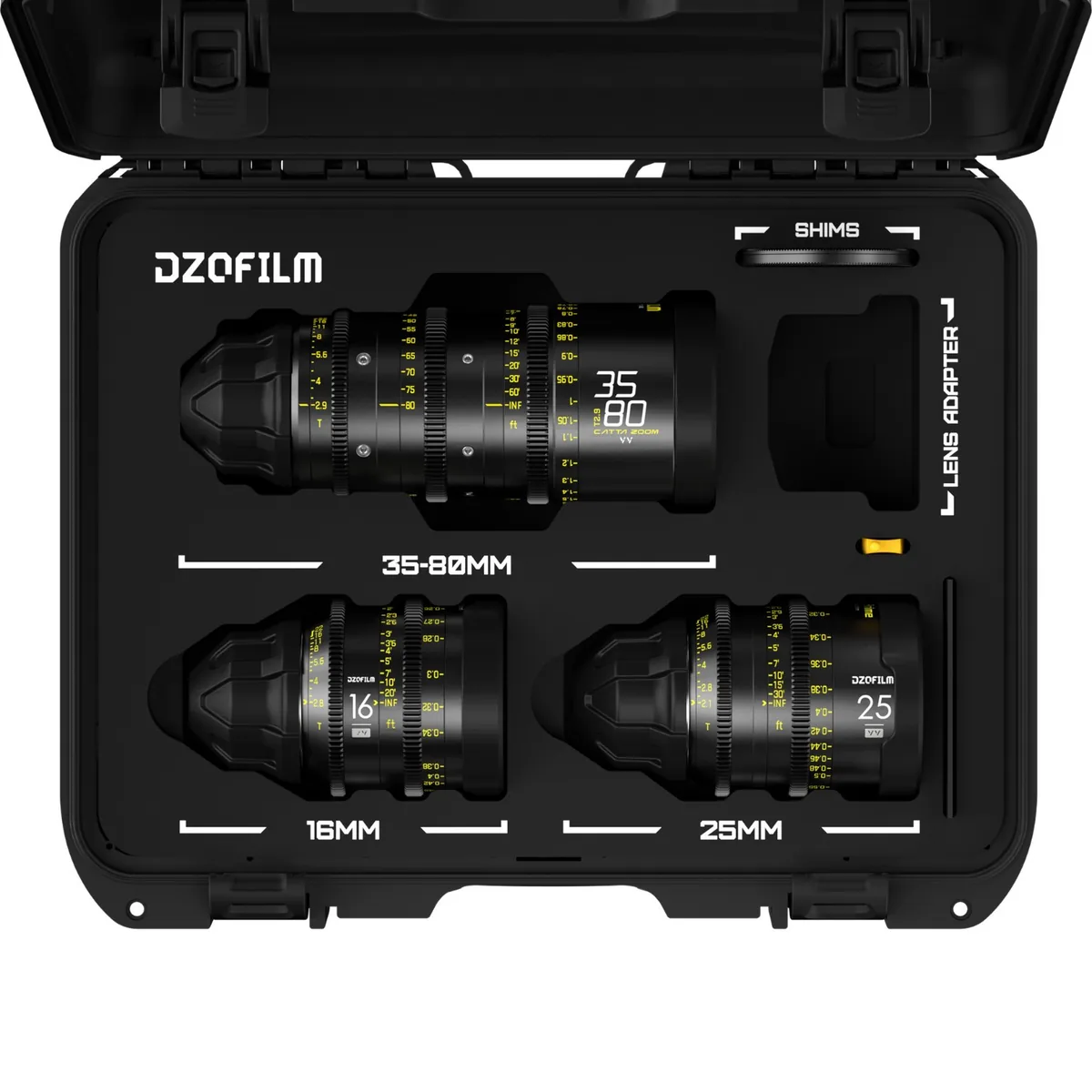 DZOFILM Set Obiective Cinema Vespid 16mm T2.8 Vespid 25mm T2.1 Catta Ace 35-80mm T2.9 Montura PL