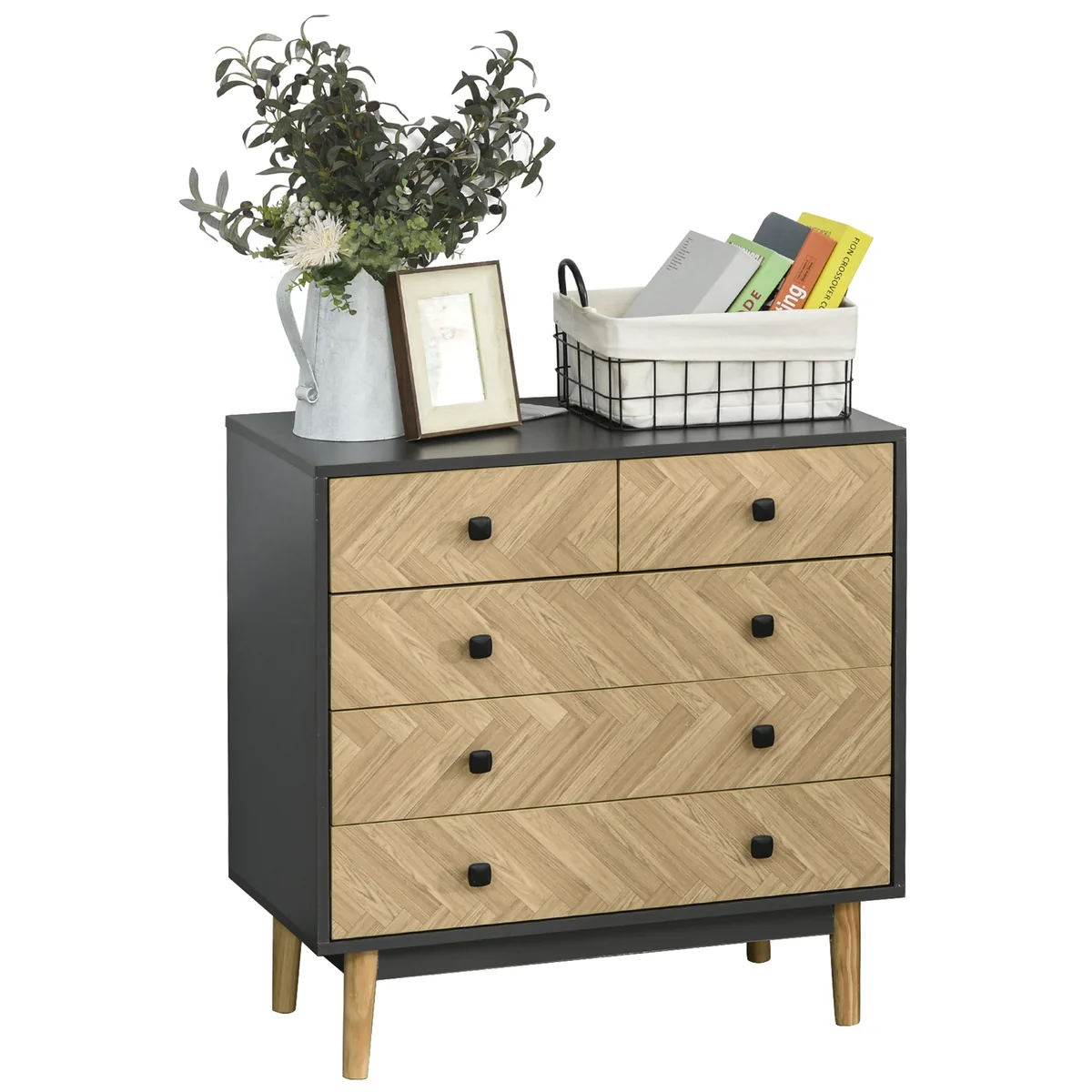 Noptieră HOMCOM Modernă Lemn 5 Sertare Picioare Ridicate Gri Închis 80x40x80cm