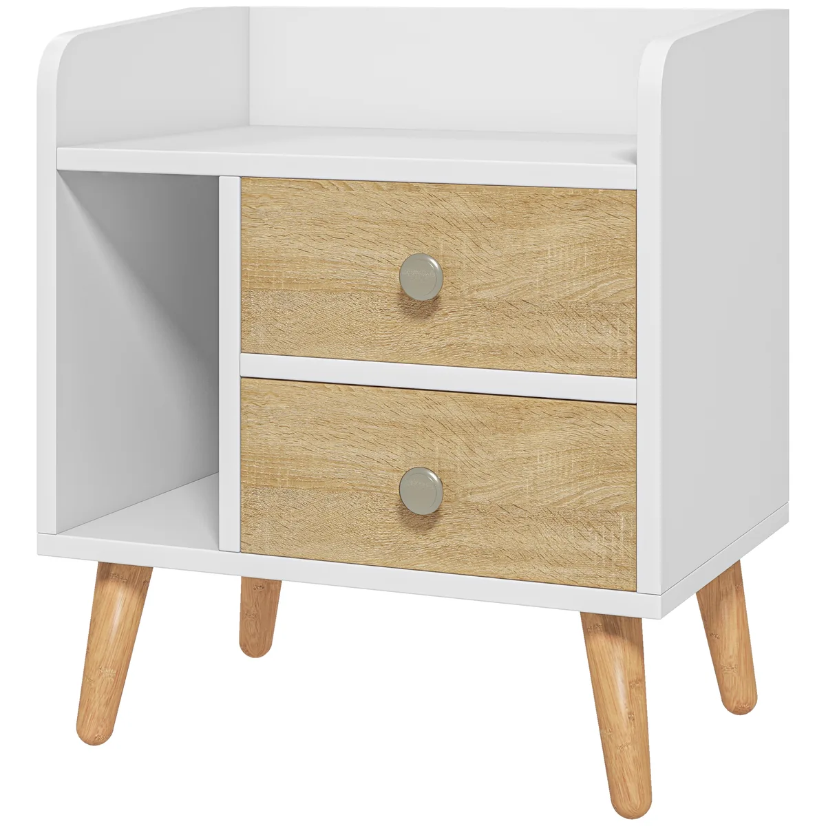 Noptiera HOMCOM 2 Sertare 1 Raft Deschis Picioare Inalte Pin 43x30x49cm Alb