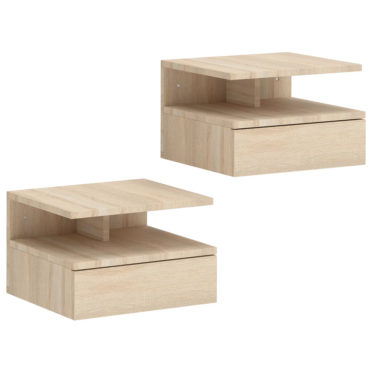 Set 2 Noptiere HOMCOM Suspendate Perete cu Sertar Stejar