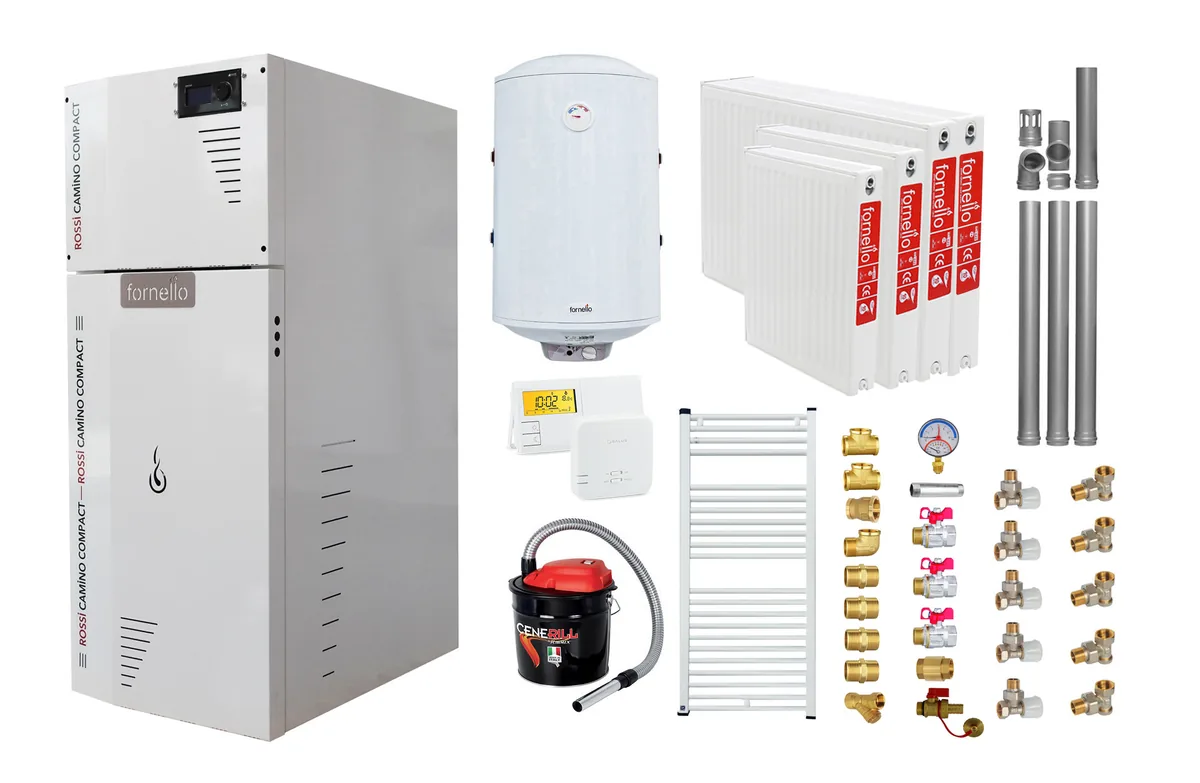 Fornello Camino Compact 25kW Pachet Complet cu Kit Evacuare Boiler 100L Termostat Radiatoare