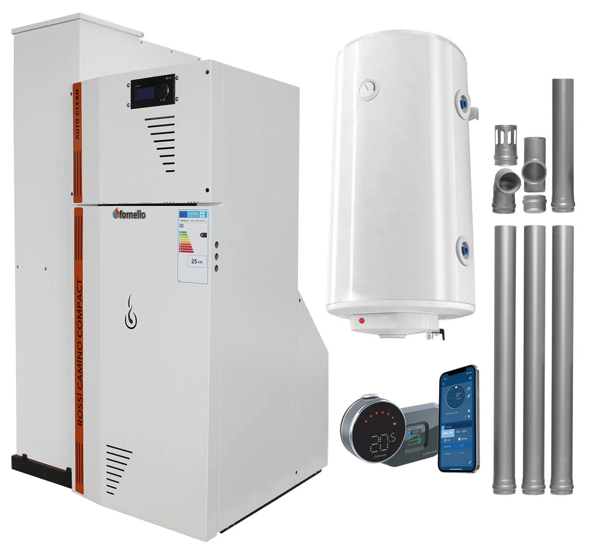 Fornello Camino Compact Automatic 25kw Pachet cu Boiler si Kit Evacuare