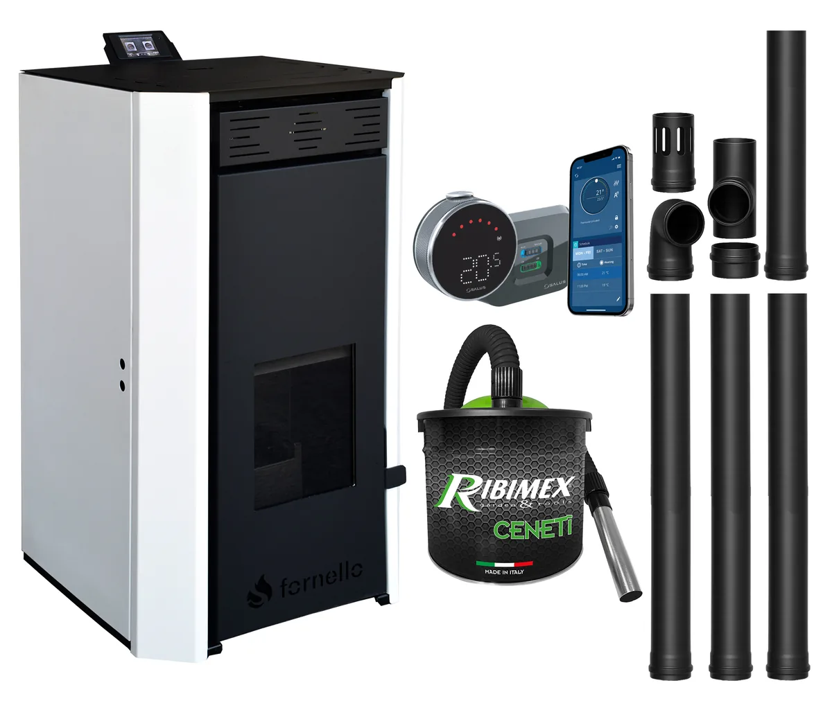 Fornello EVA 25KW Alb Pachet cu Kit Evacuare, Aspirator Cenusa si Termostat Salus IT 800