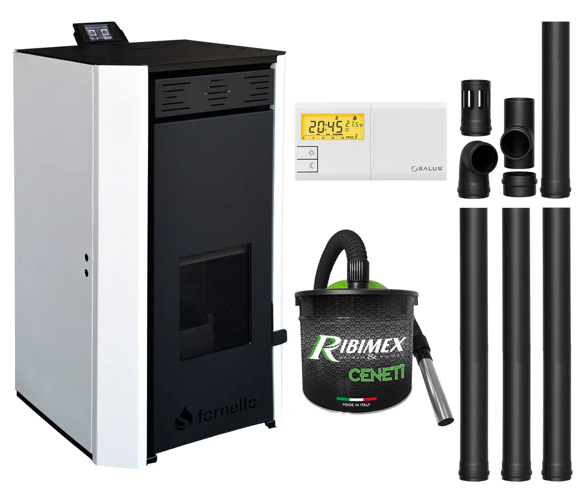 Fornello EVA 30KW Alb Pachet cu Kit Evacuare, Aspirator Cenusa, Termostat Salus