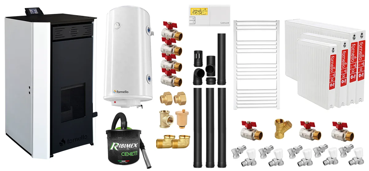 Fornello EVA 30KW Pachet Complet cu Boiler 100L, Radiatoare Otel si Kit Montaj