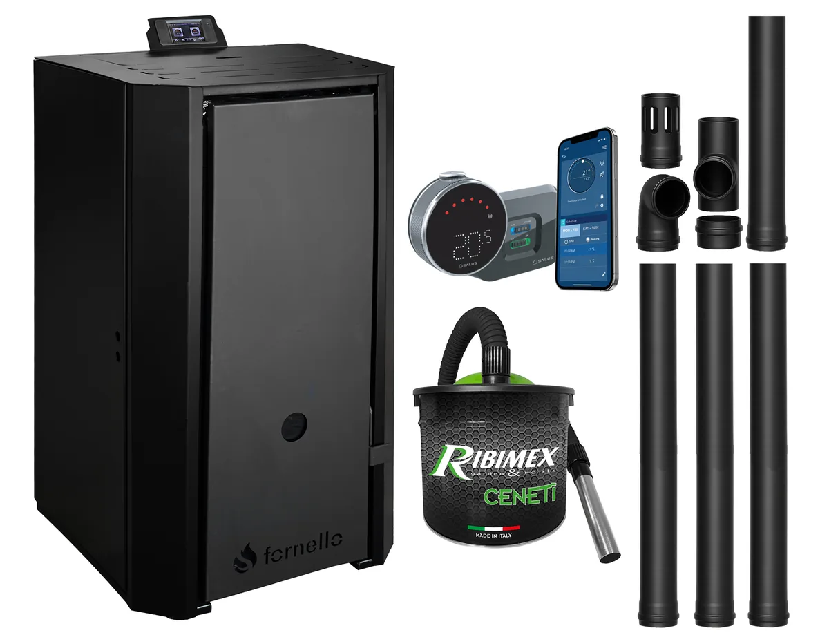 Fornello EVA B Black 30KW Pachet cu Kit Evacuare, Aspirator Ceneti si Termostat Salus IT800