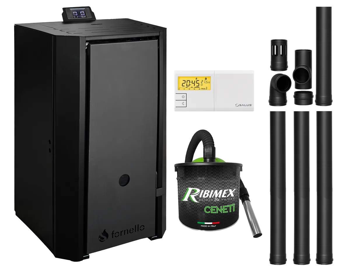 Fornello EVA B Black 30KW Pachet cu Kit Evacuare, Aspirator Ceneti, Termostat Salus Negru