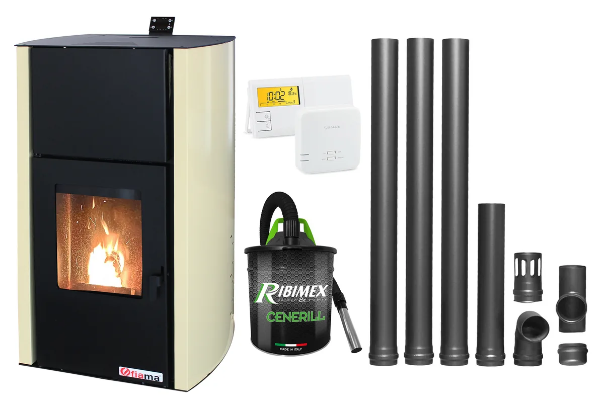 Fornello Fiama Confort 12kw Pachet Complet cu Termostat Salus Aspirator Cenusa si Kit Evacuare 80mm 3.5m
