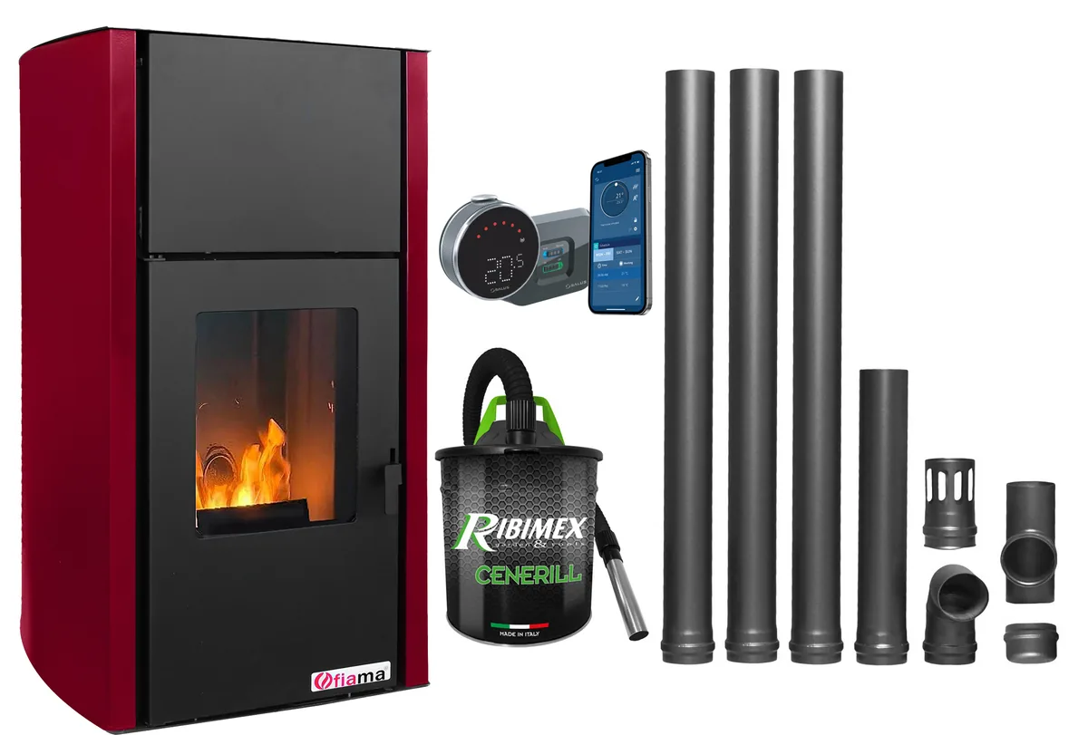 Fornello Fiama Confort 25 kw Bordeaux Pachet Kit Evacuare 3.5m Pompa Vas Expansiune Automatizare Termostat Salus IT800 Aspirator Cenusa