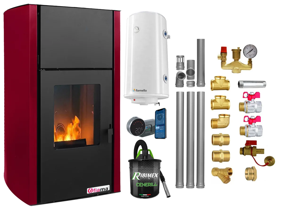 Fornello Fiama Confort 25kw Bordeaux Pachet Complet Incalzire Boiler 100L Termostat IT800 Aspirator Kit Evacuare